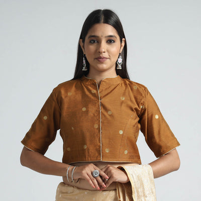 Brown - Polka Dot Zari Buti Viscose Silk Stitched Blouse
