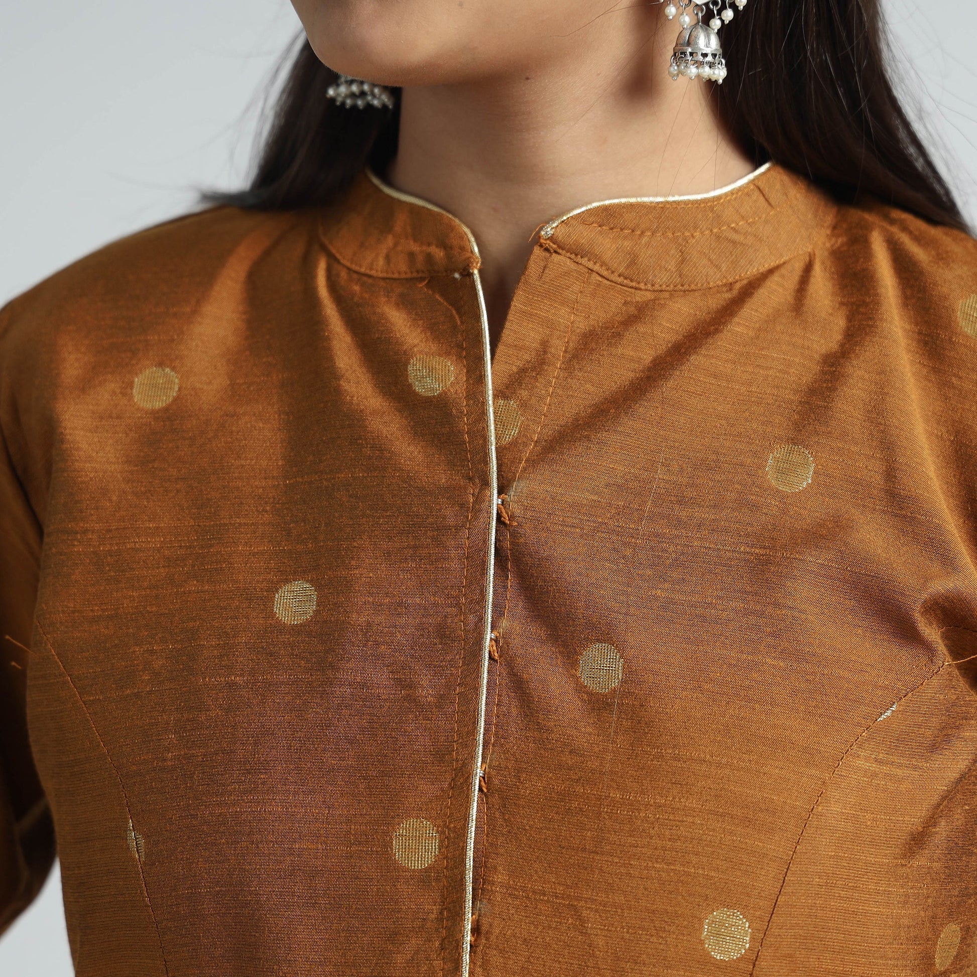 Brown - Polka Dot Zari Buti Viscose Silk Stitched Blouse