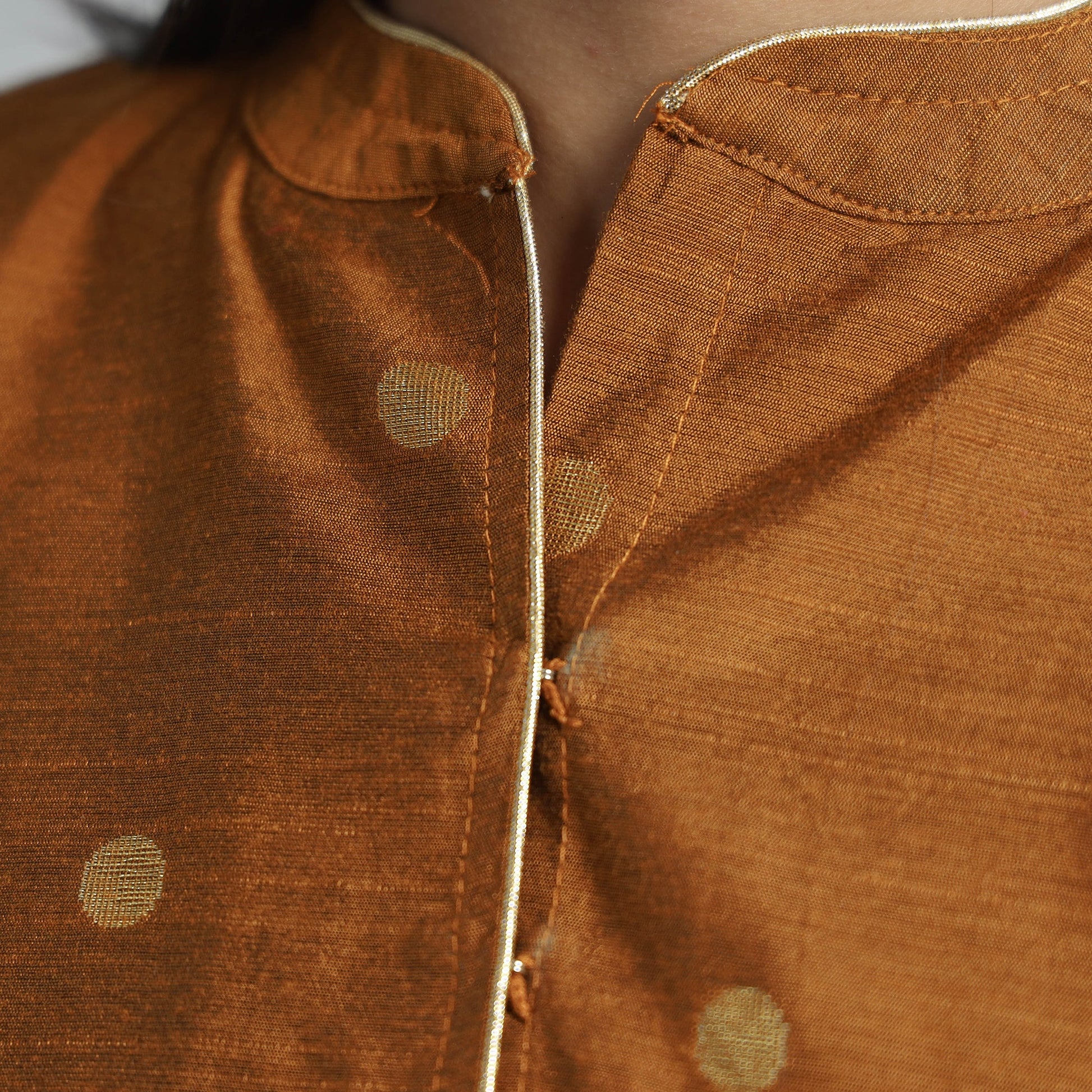 Brown - Polka Dot Zari Buti Viscose Silk Stitched Blouse