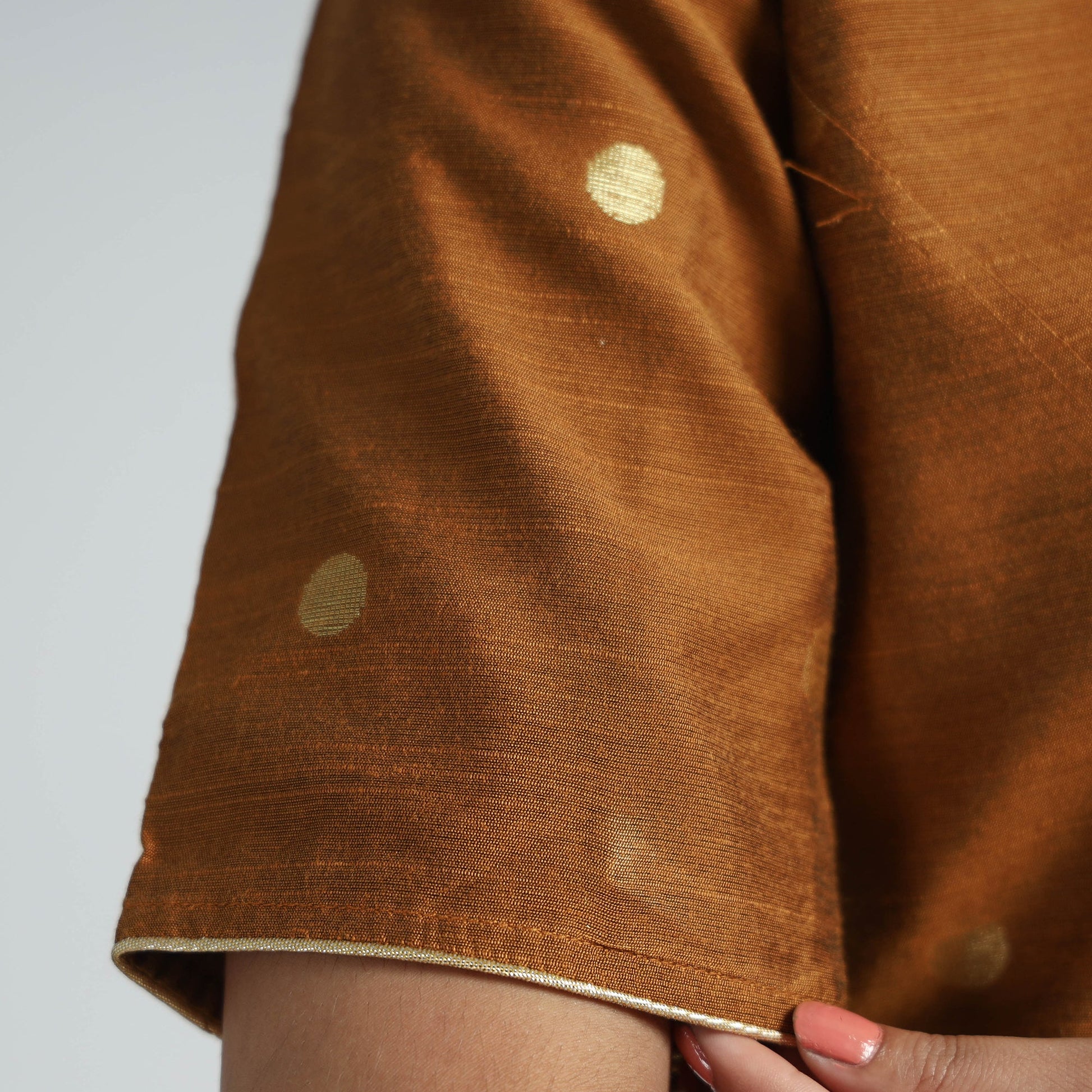 Brown - Polka Dot Zari Buti Viscose Silk Stitched Blouse