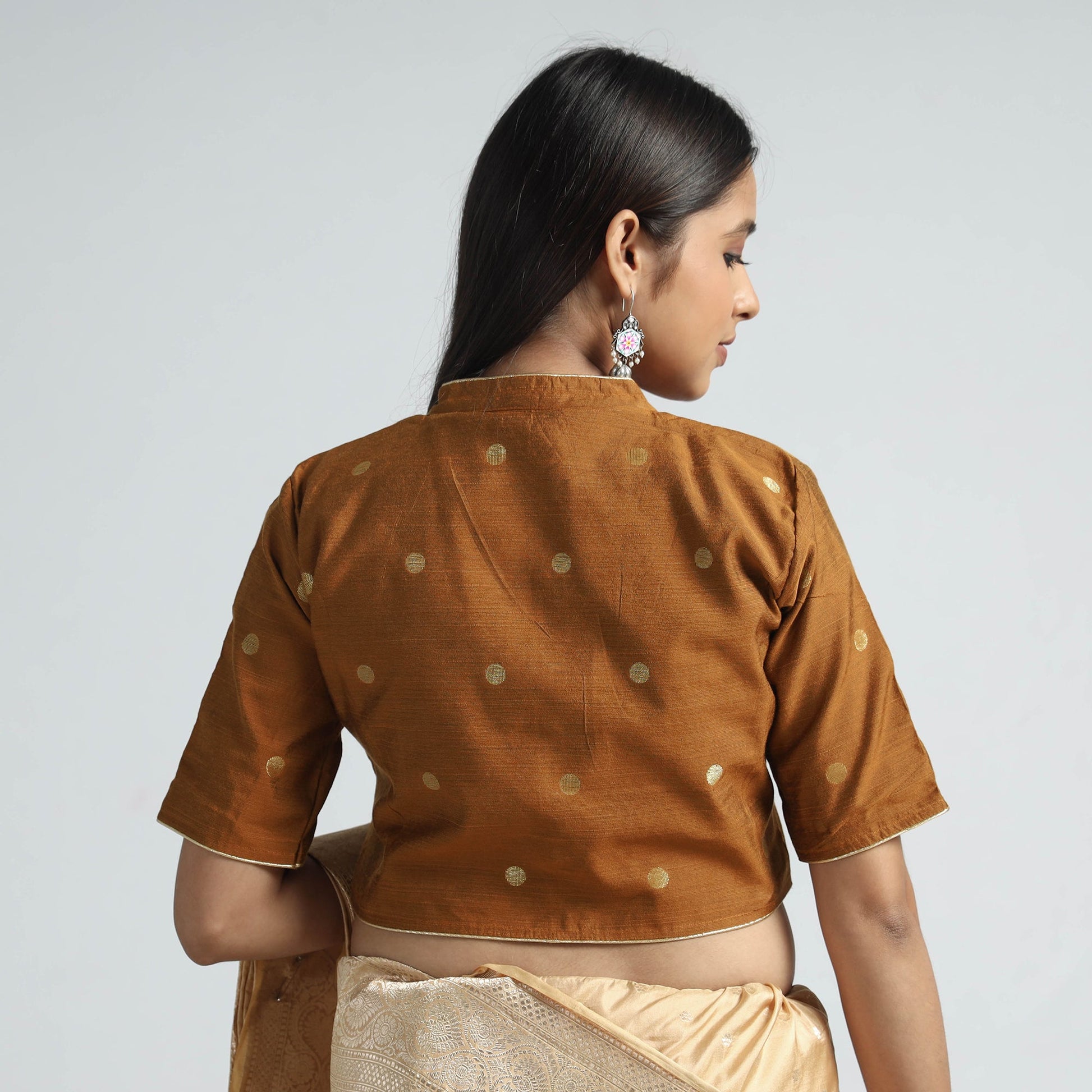 Brown - Polka Dot Zari Buti Viscose Silk Stitched Blouse
