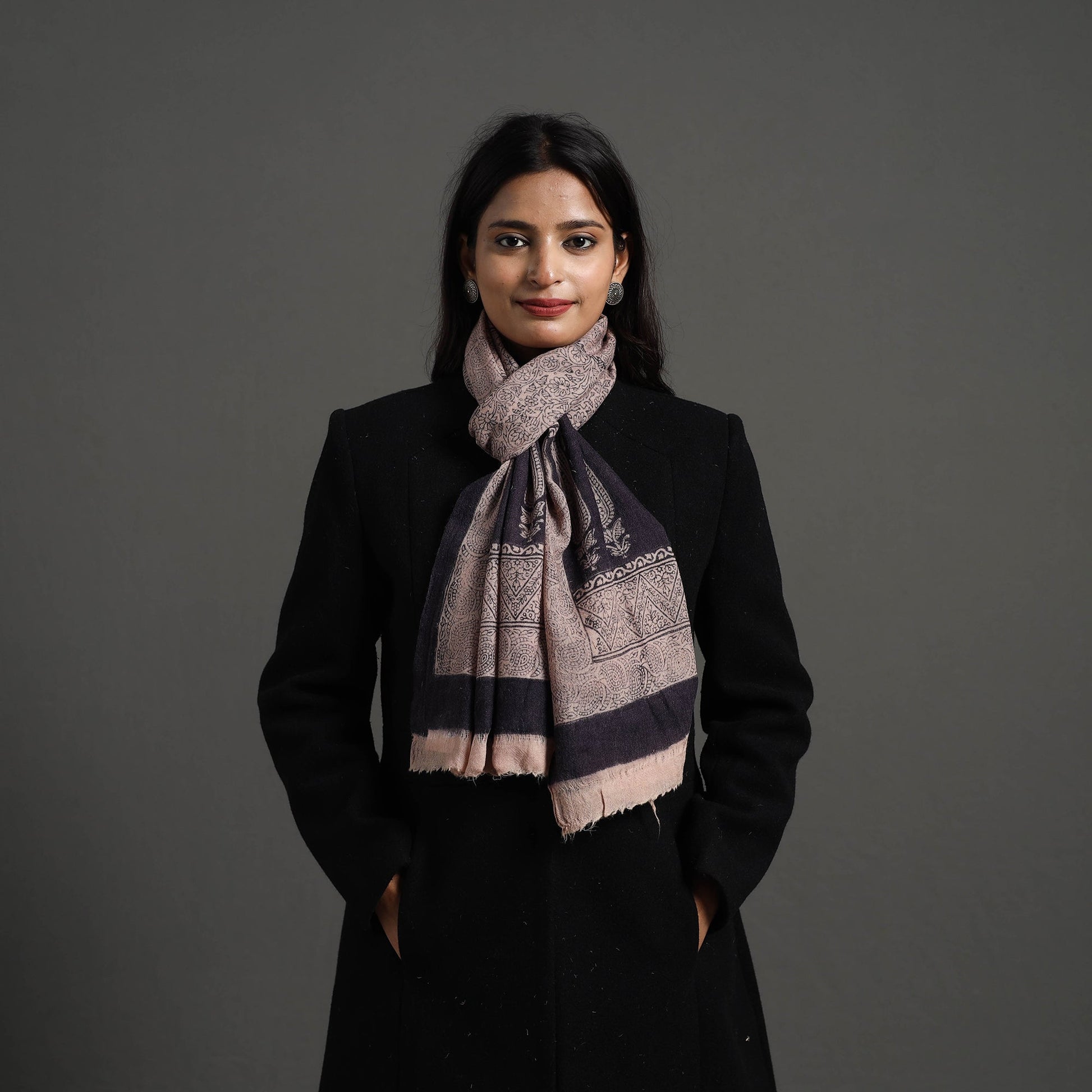 Black - Bagh Hand Block Printed Woollen Stole 26