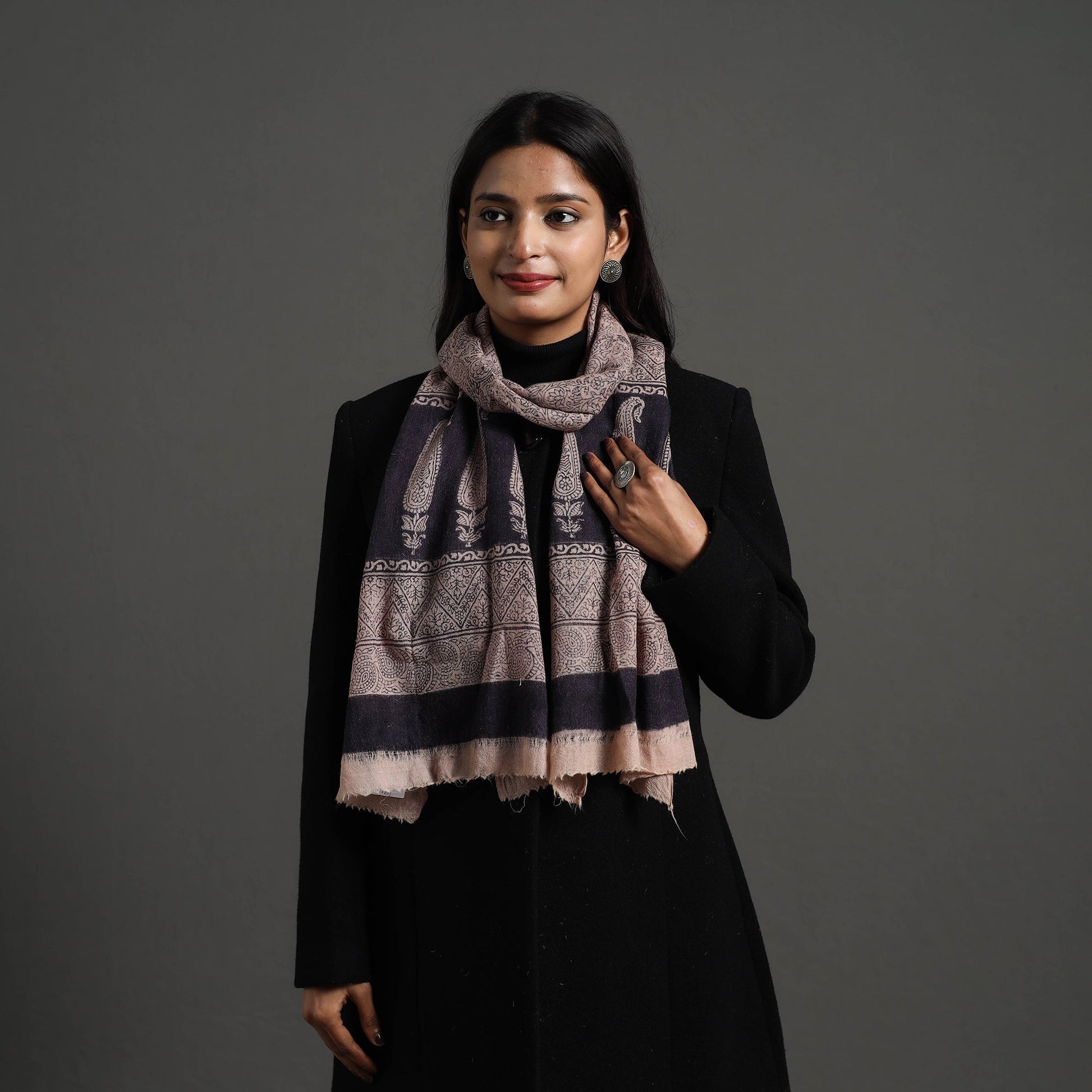 Black - Bagh Hand Block Printed Woollen Stole 26