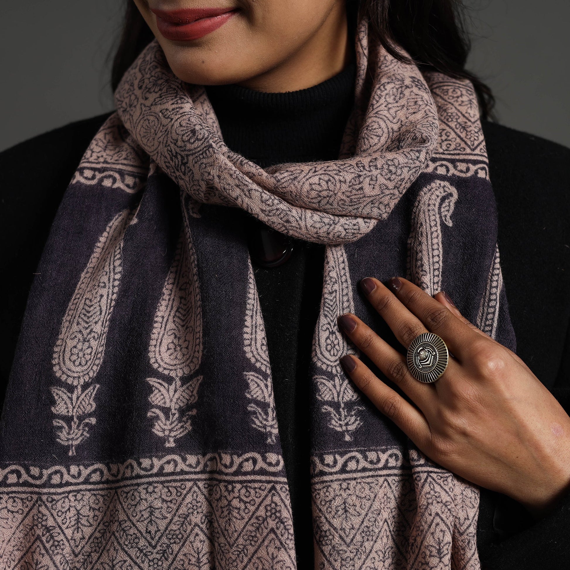 Black - Bagh Hand Block Printed Woollen Stole 26