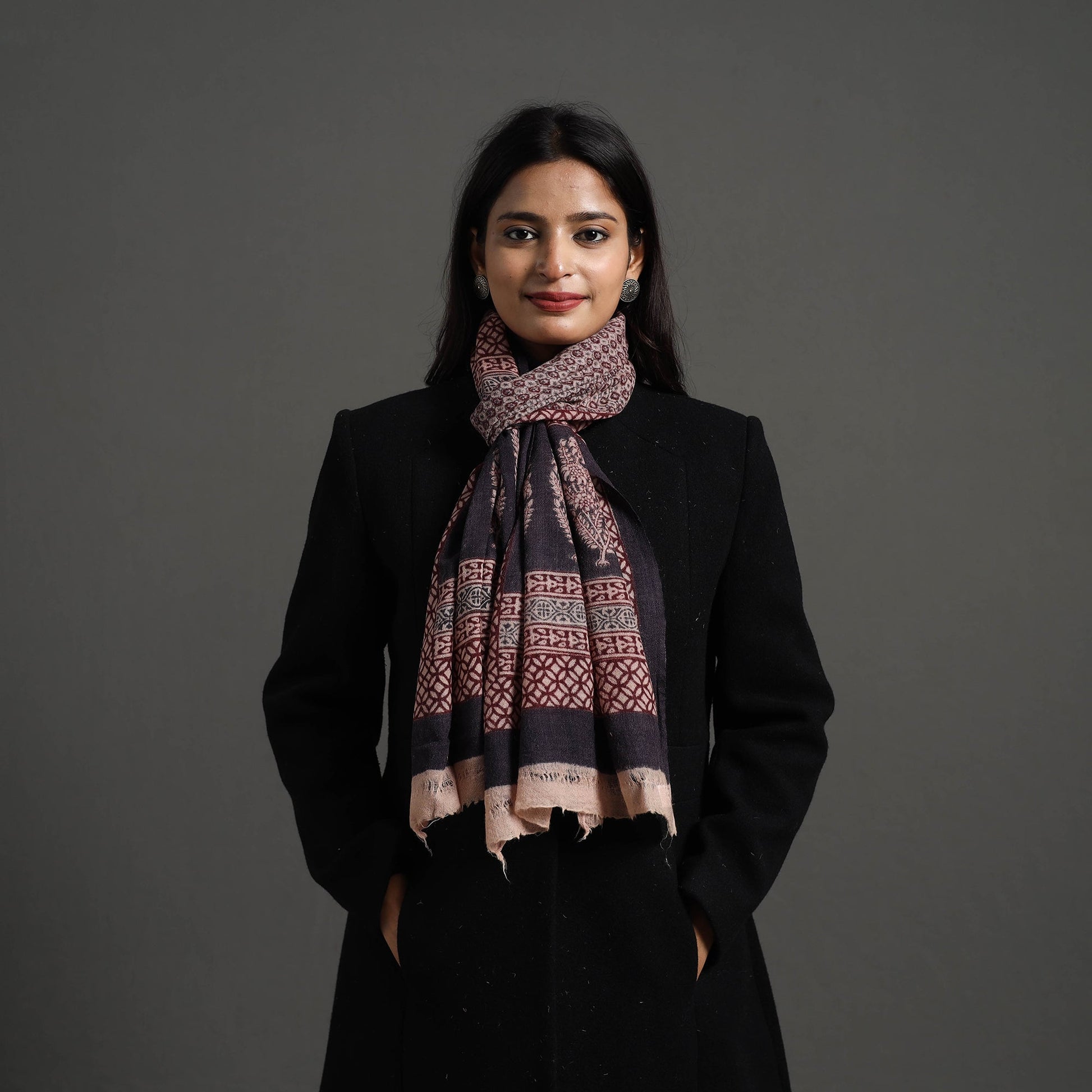 Black - Bagh Hand Block Printed Woollen Stole 28