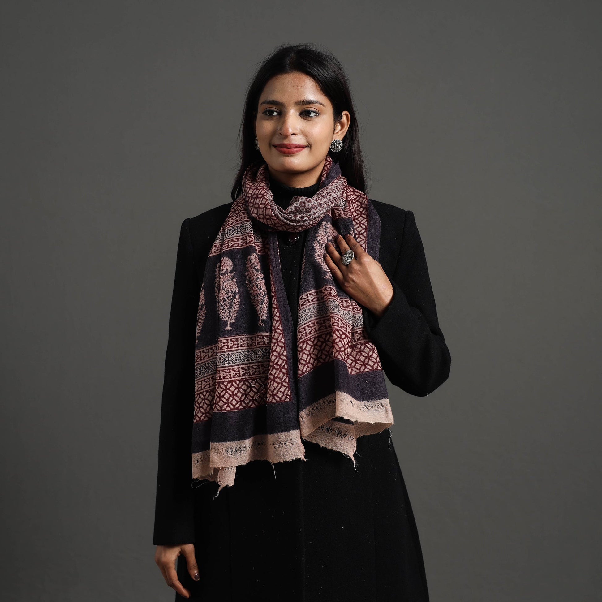 Black - Bagh Hand Block Printed Woollen Stole 28