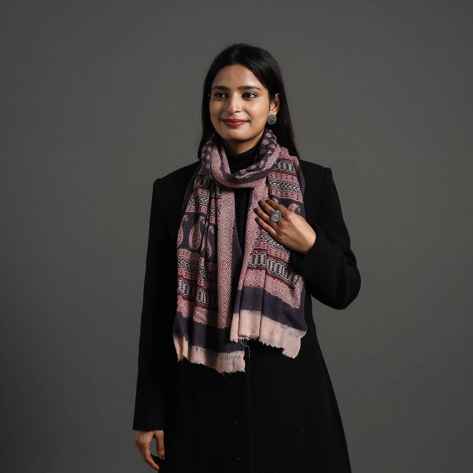 Black - Bagh Hand Block Printed Woollen Stole 35