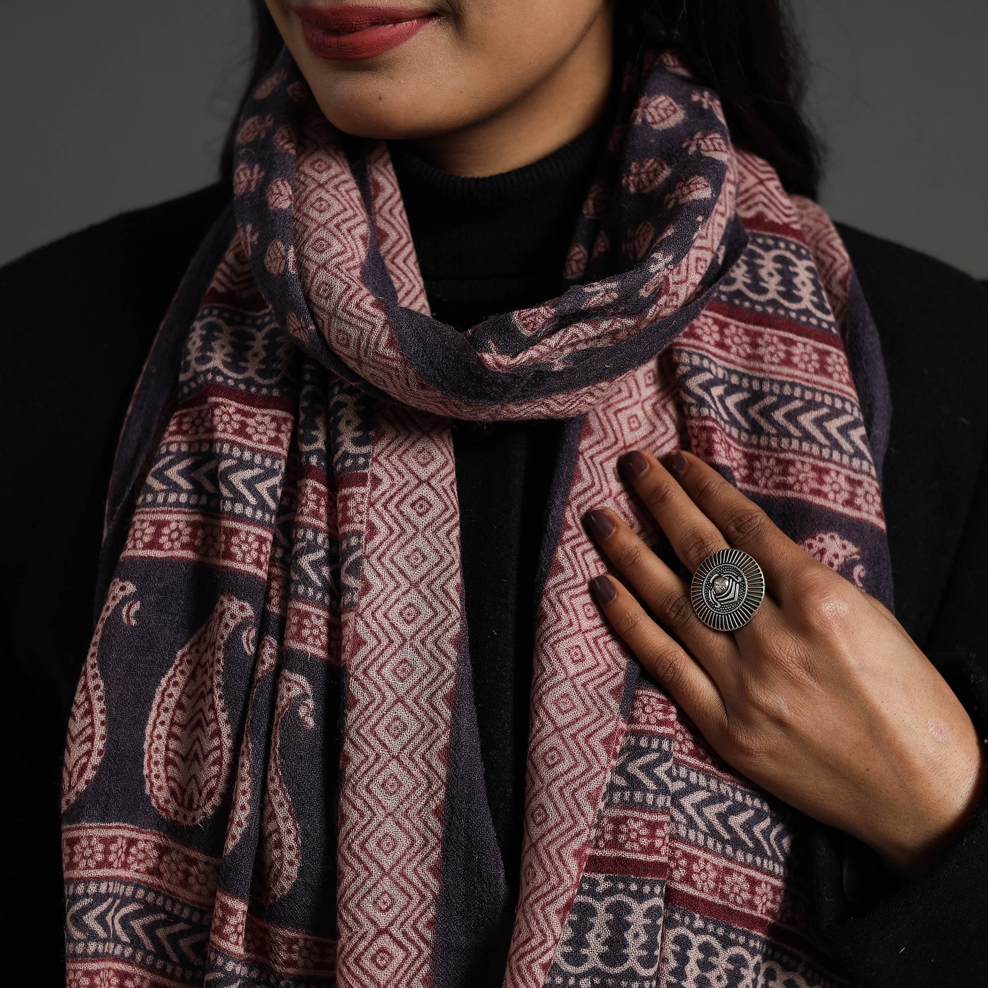 Black - Bagh Hand Block Printed Woollen Stole 35