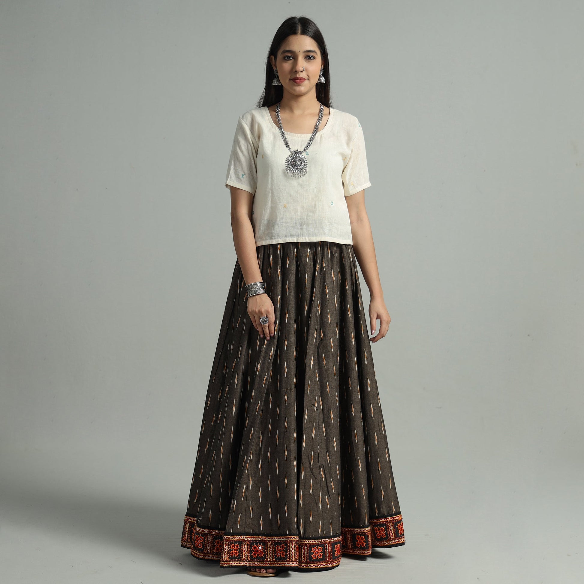 Brown - 24 Kali Cotton Pochampally Ikat Skirt 22