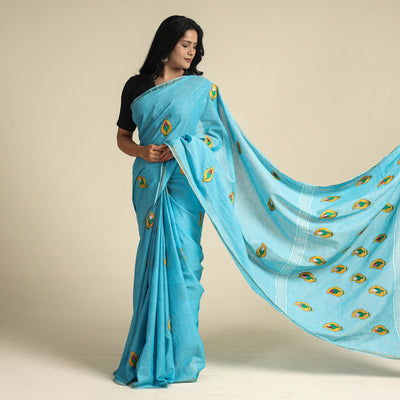 Blue - Bengal Kantha Embroidery Pure Cotton Handloom Saree