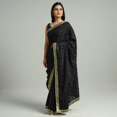 Black - Phulkari Heavy Embroidery Chiffon Saree 15