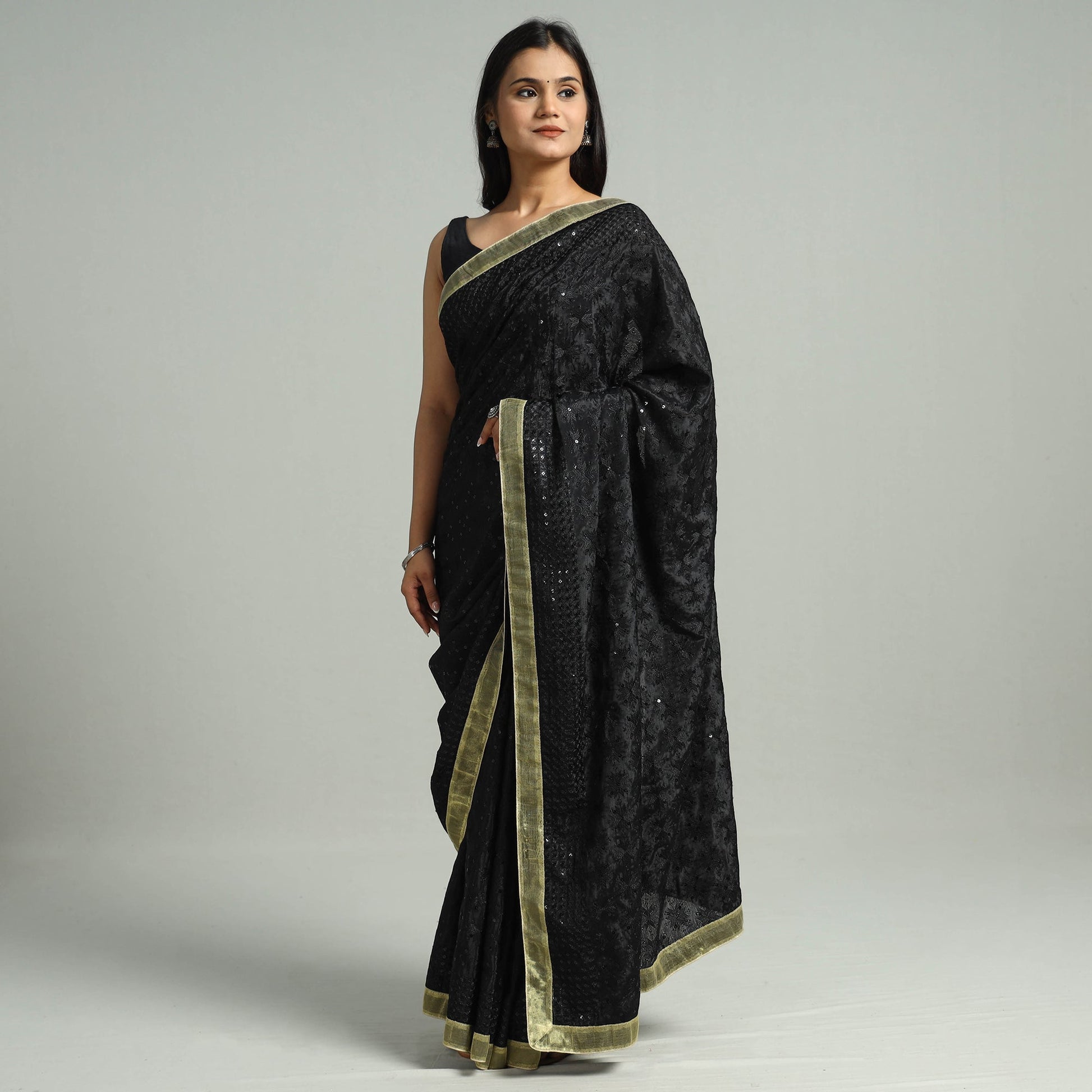 Black - Phulkari Heavy Embroidery Chiffon Saree 15