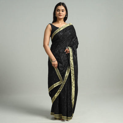Black - Phulkari Heavy Embroidery Chiffon Saree 15