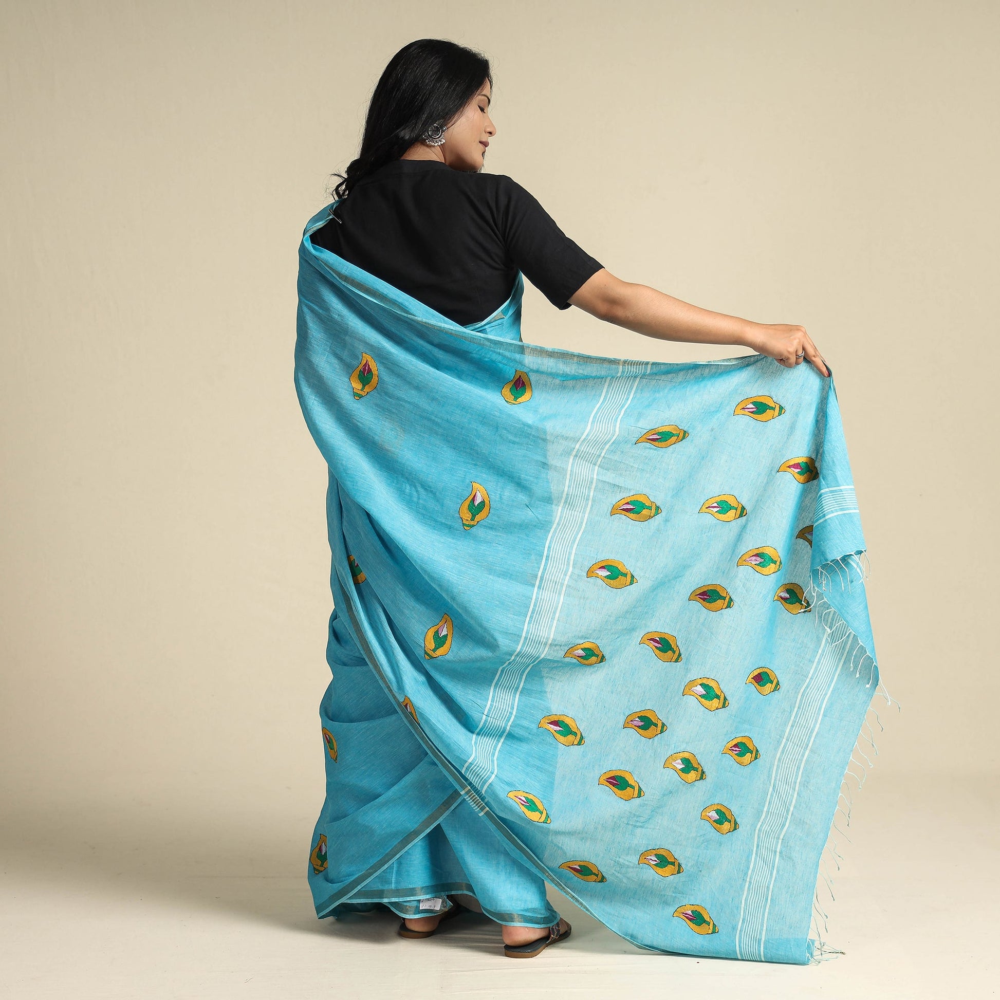 Blue - Bengal Kantha Embroidery Pure Cotton Handloom Saree