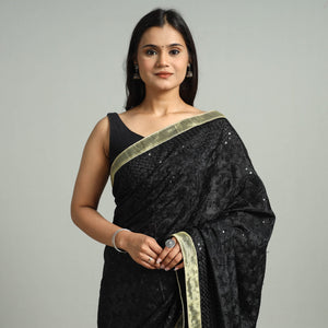 Black - Phulkari Heavy Embroidery Chiffon Saree 15