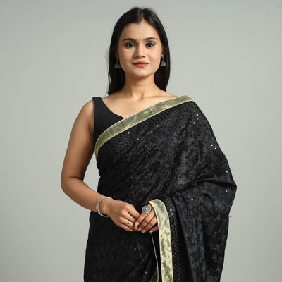 Black - Phulkari Heavy Embroidery Chiffon Saree 15