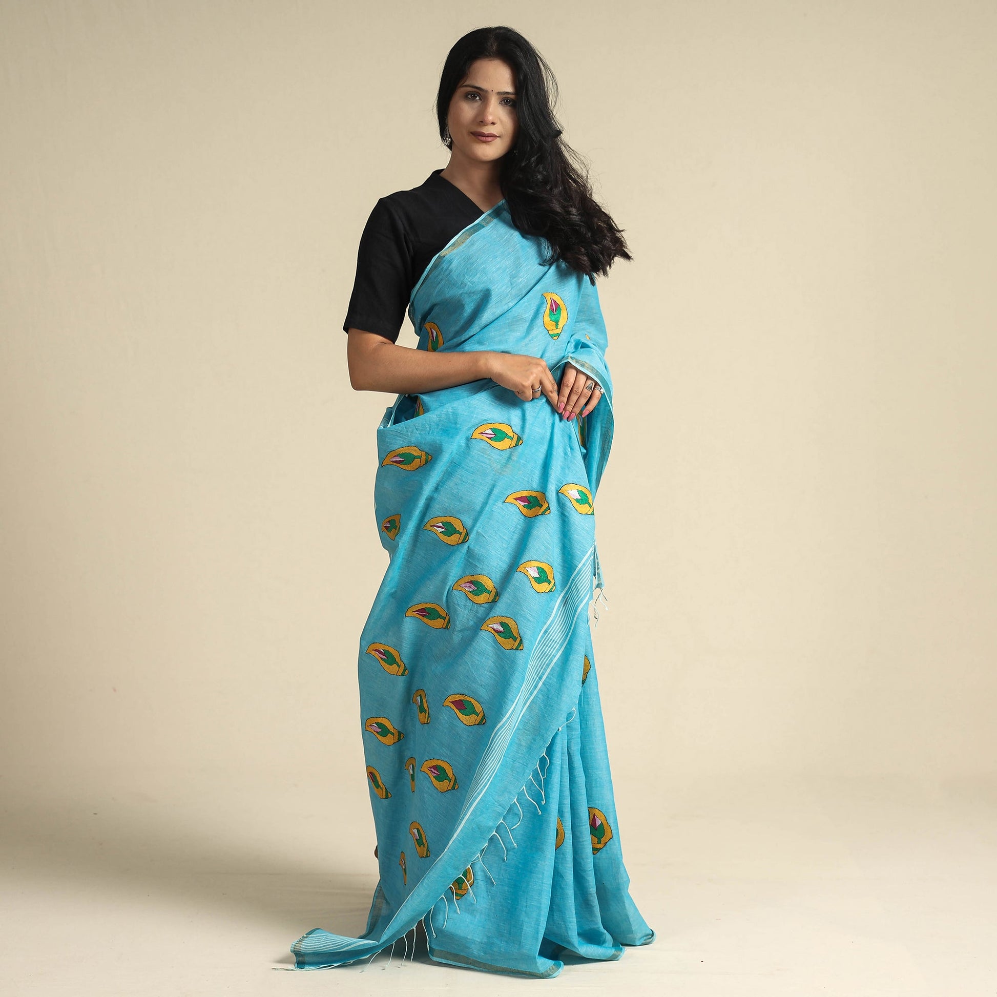 Blue - Bengal Kantha Embroidery Pure Cotton Handloom Saree