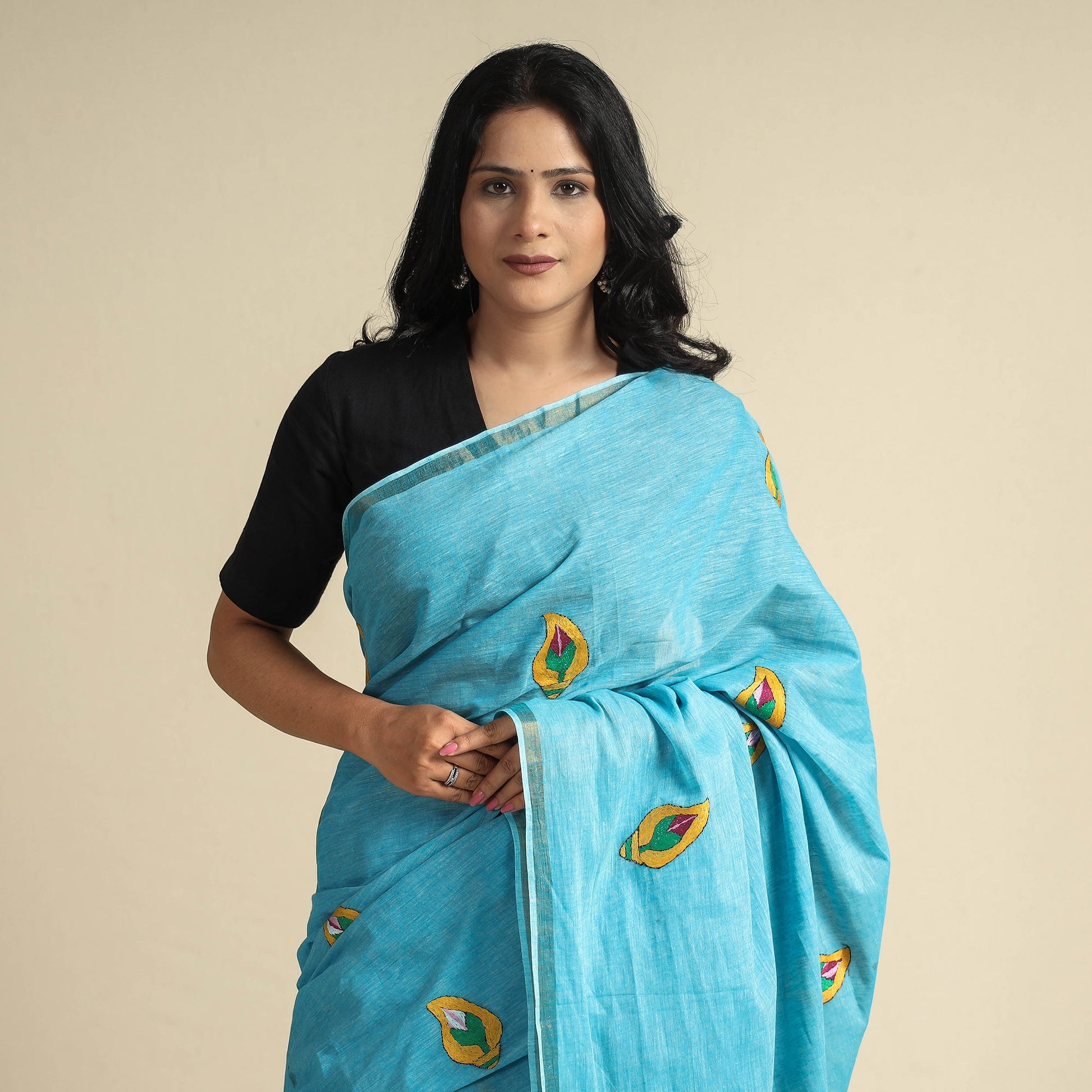 Blue - Bengal Kantha Embroidery Pure Cotton Handloom Saree