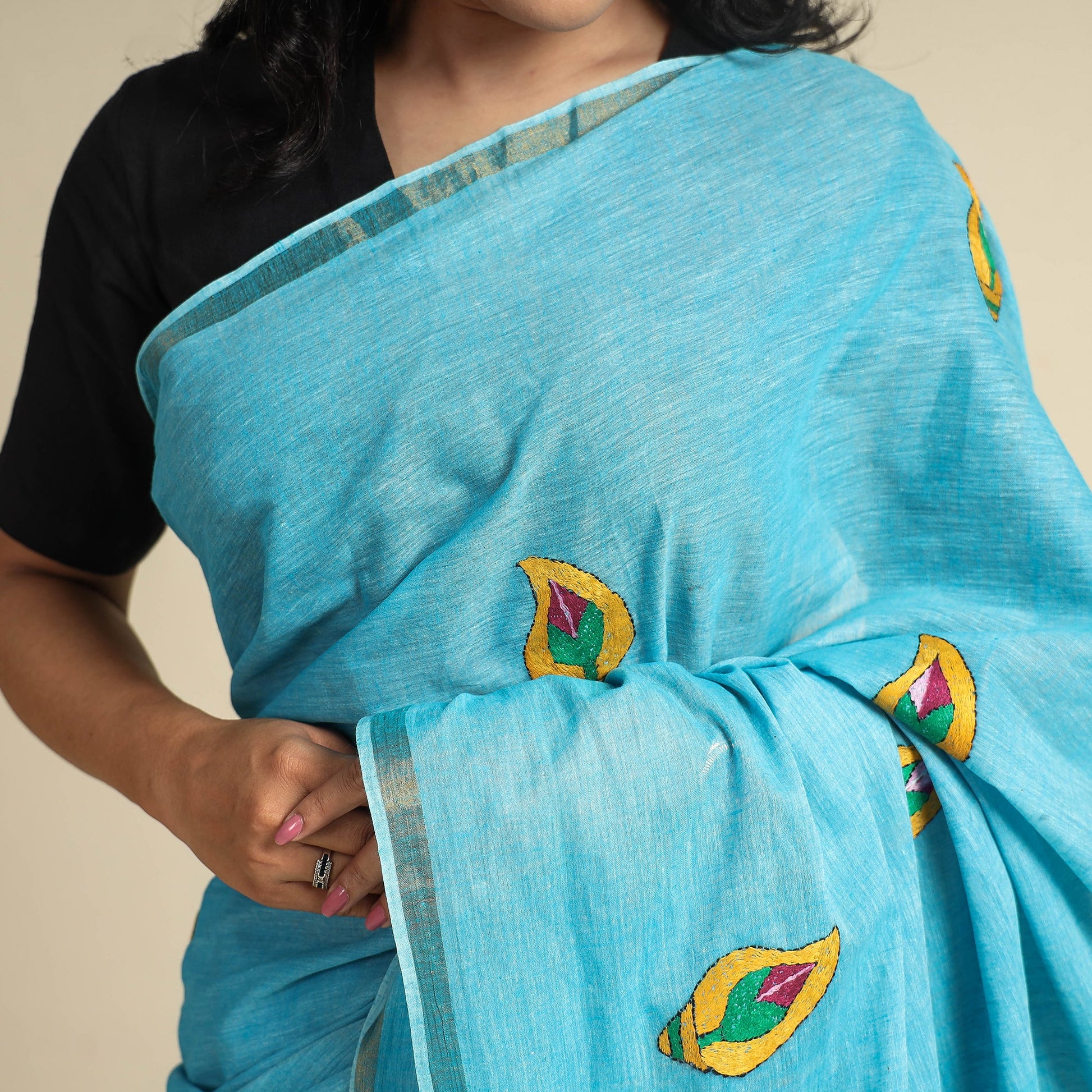 Blue - Bengal Kantha Embroidery Pure Cotton Handloom Saree