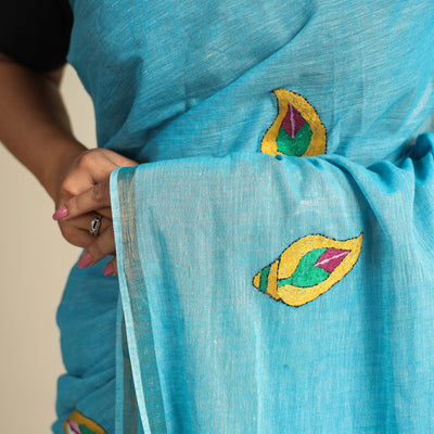 Blue - Bengal Kantha Embroidery Pure Cotton Handloom Saree