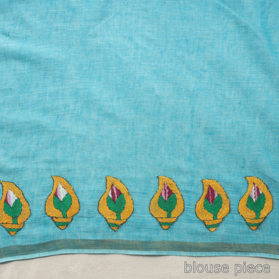 Blue - Bengal Kantha Embroidery Pure Cotton Handloom Saree