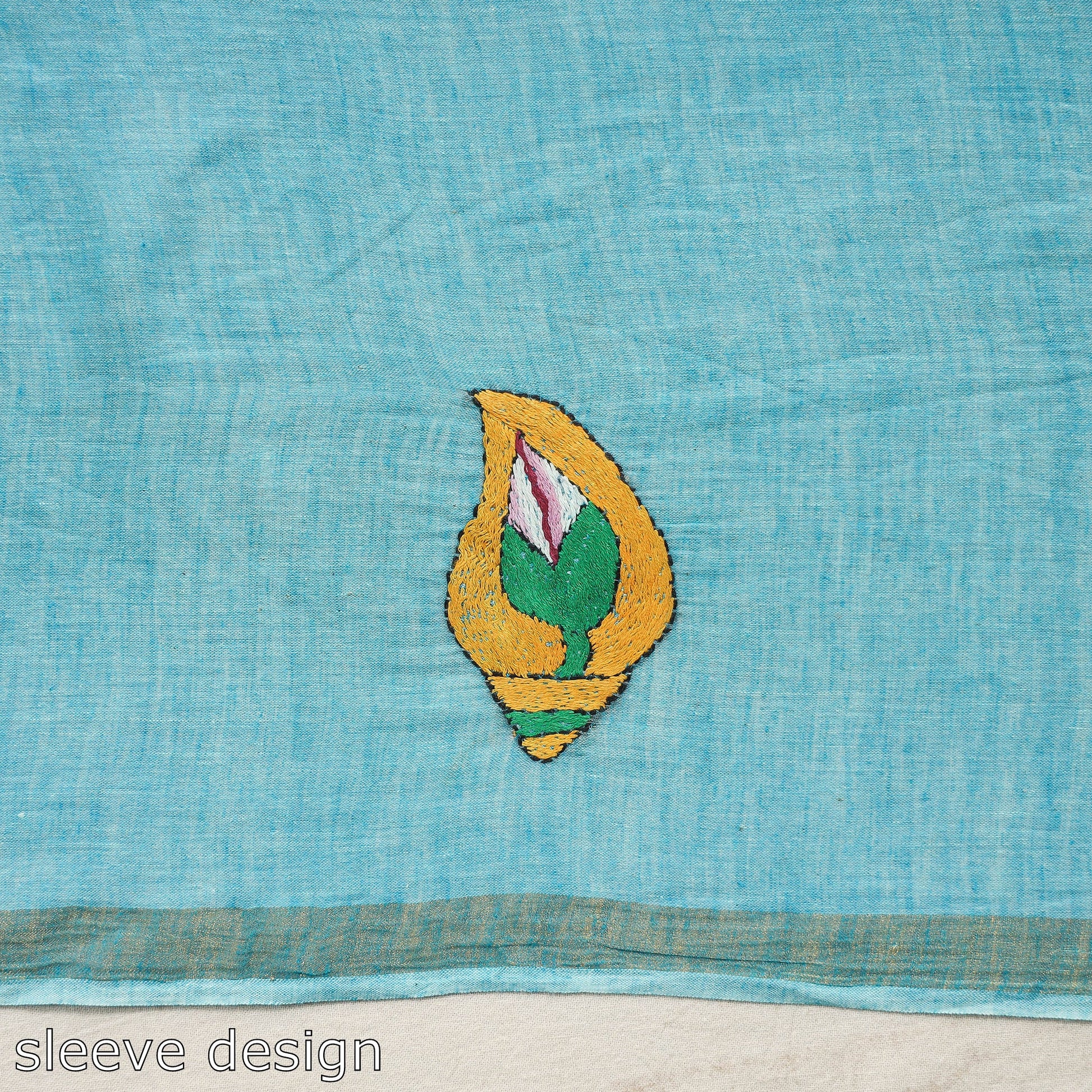 Blue - Bengal Kantha Embroidery Pure Cotton Handloom Saree