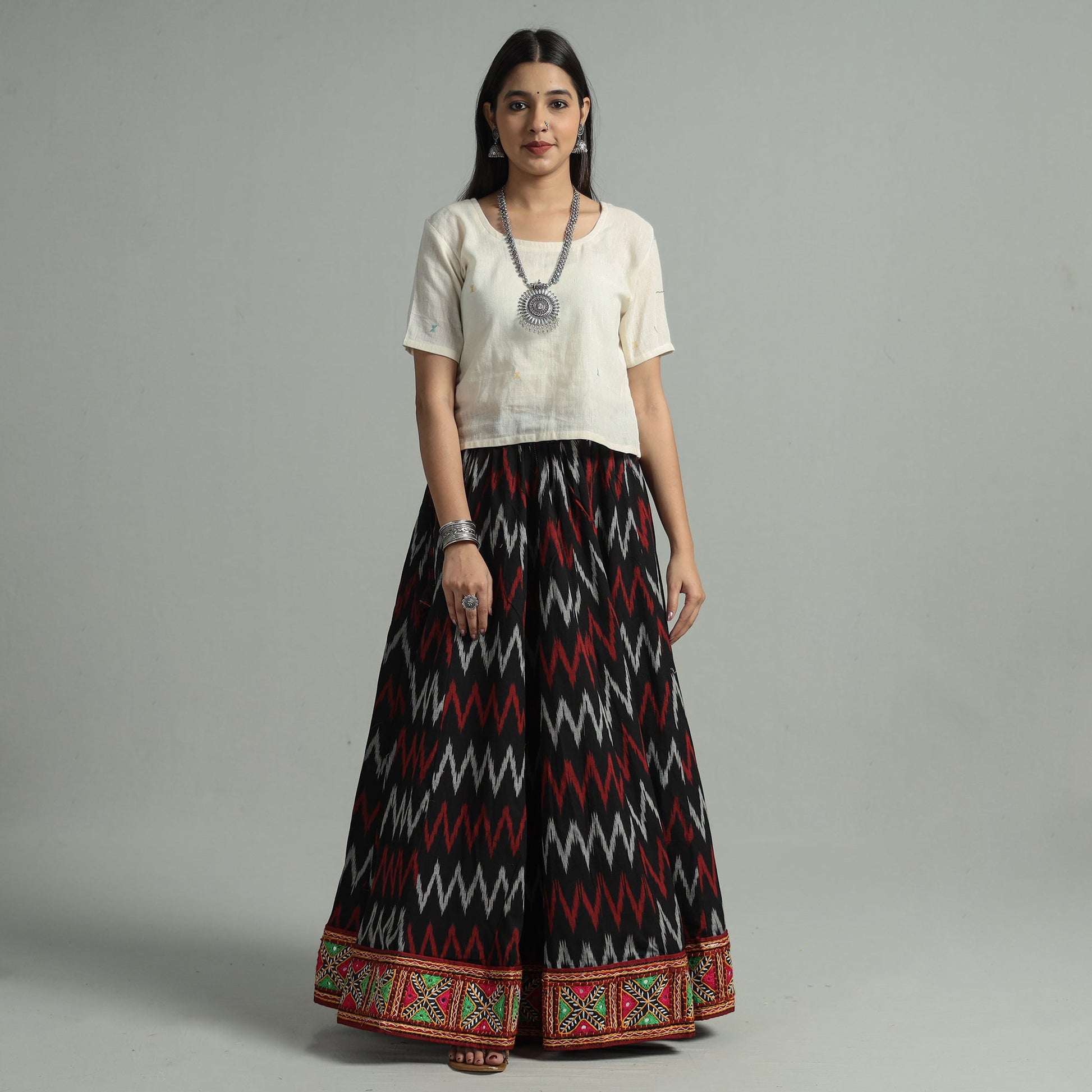 Black - 24 Kali Cotton Pochampally Ikat Skirt 30