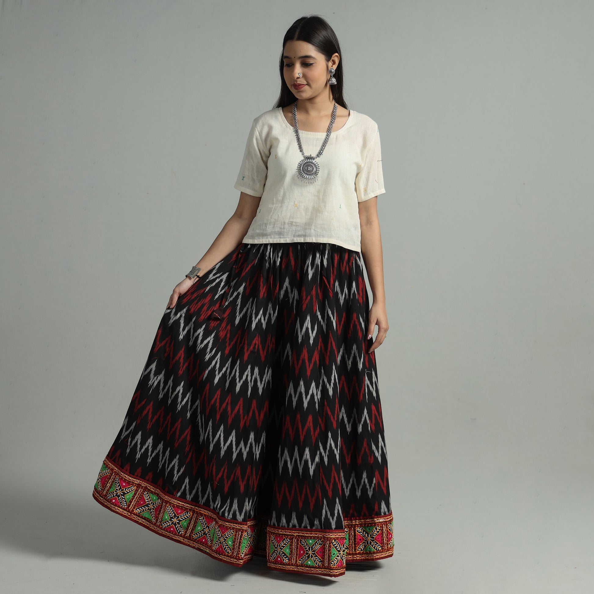 Black - 24 Kali Cotton Pochampally Ikat Skirt 30