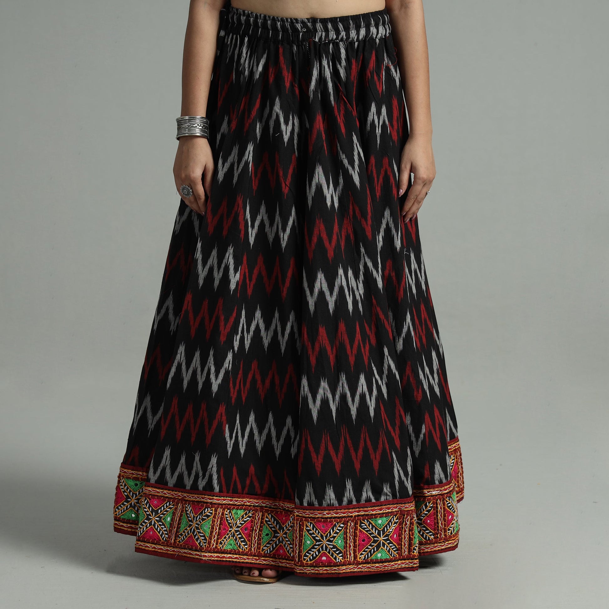 Black - 24 Kali Cotton Pochampally Ikat Skirt 30
