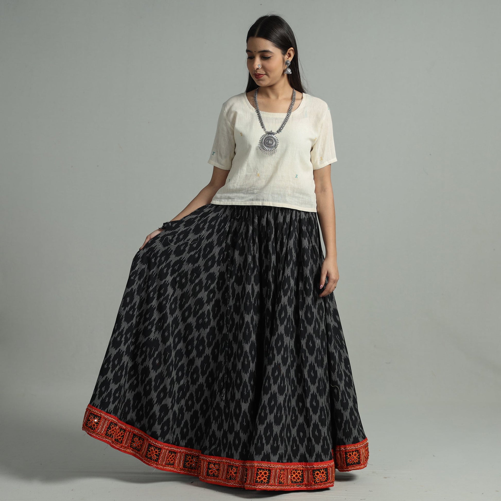 Black - 24 Kali Cotton Pochampally Ikat Skirt 34