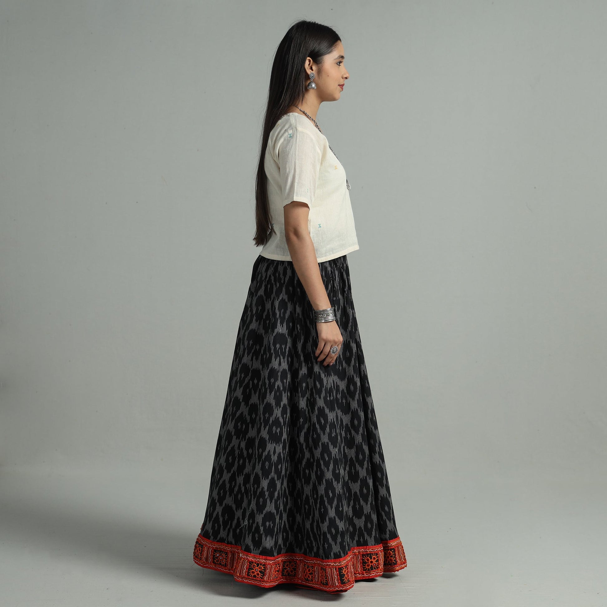 Black - 24 Kali Cotton Pochampally Ikat Skirt 34