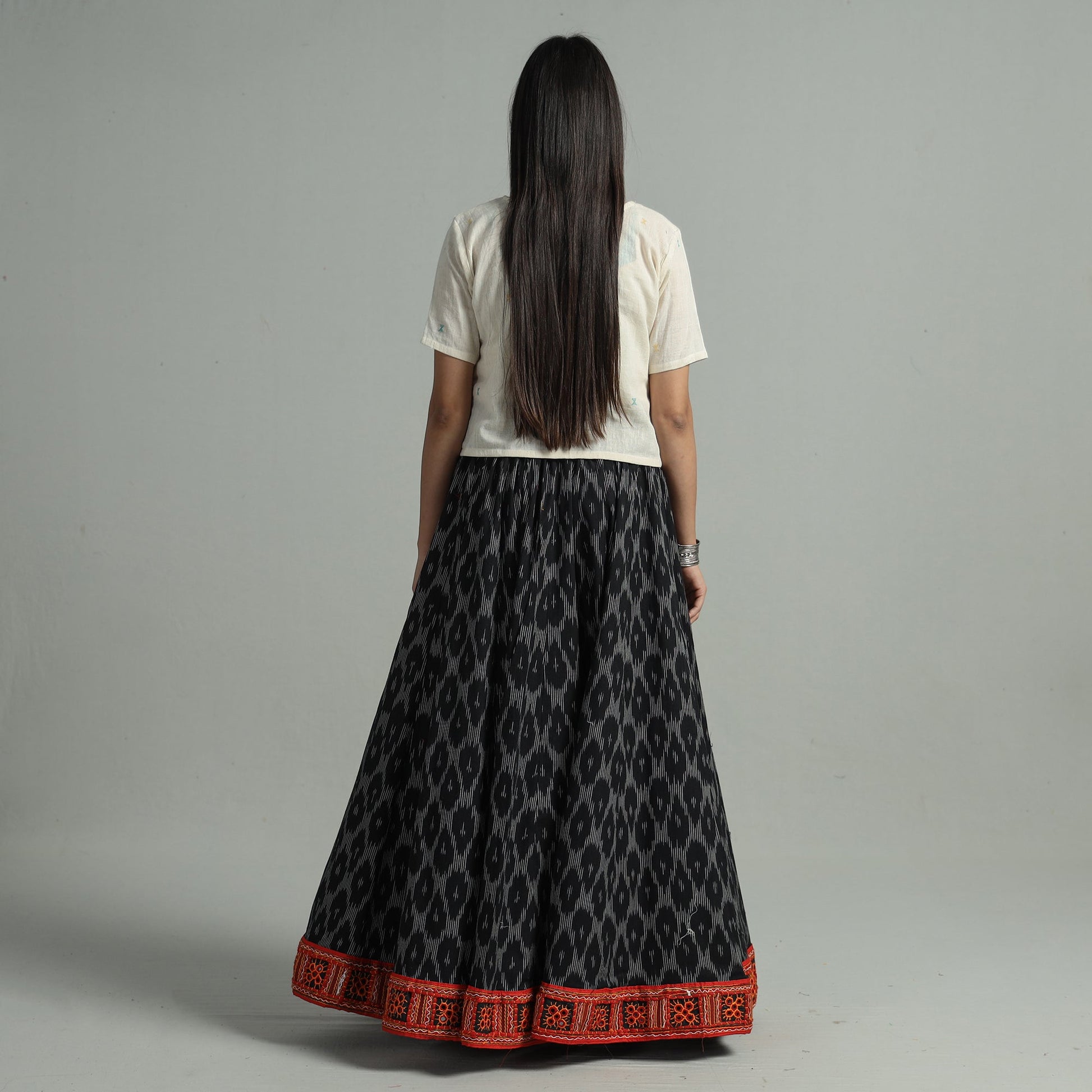 Black - 24 Kali Cotton Pochampally Ikat Skirt 34