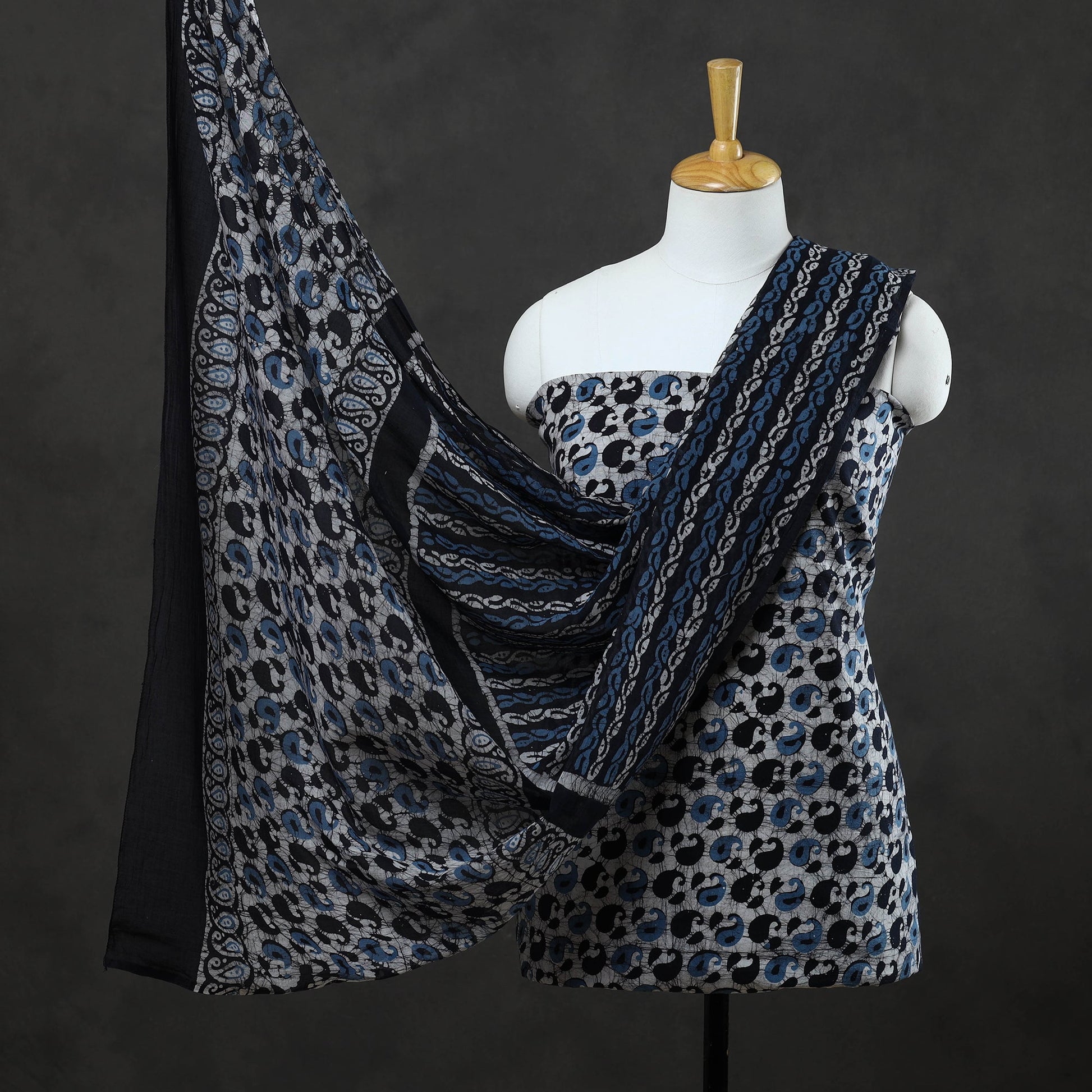 Blue - 3pc Cotton Kutch Batik Print Dress Material 07