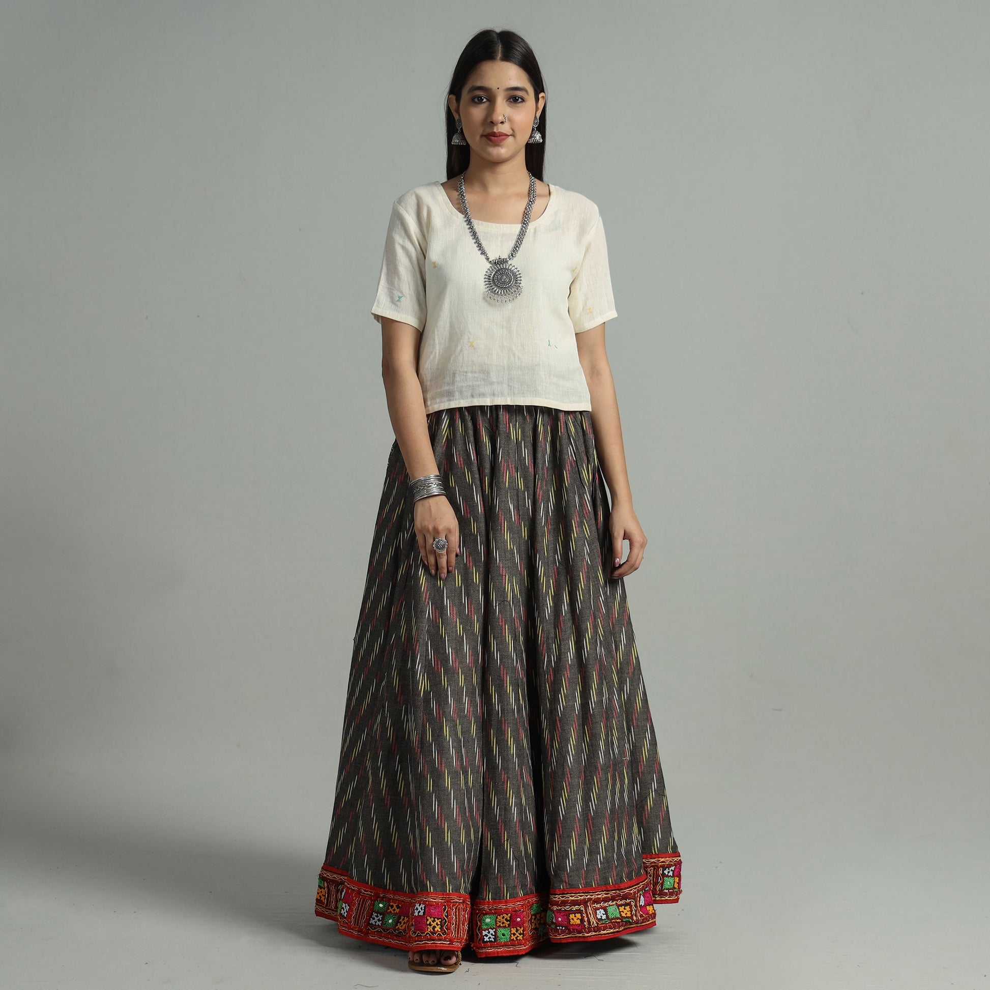 Brown - 24 Kali Cotton Pochampally Ikat Skirt 38