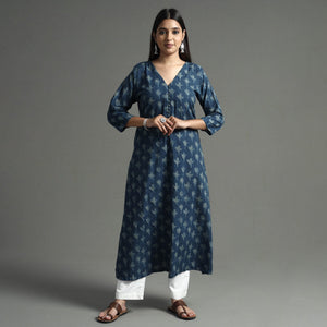 Blue - Akola Block Printed Cotton A-Line Long Kurta