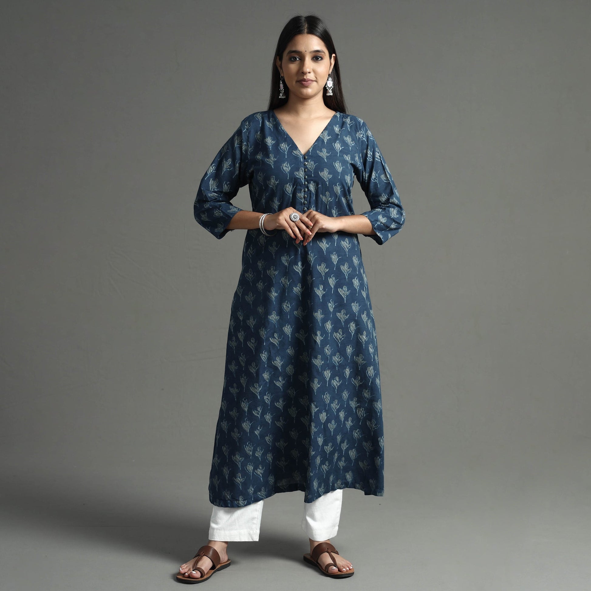Blue - Akola Block Printed Cotton A-Line Long Kurta