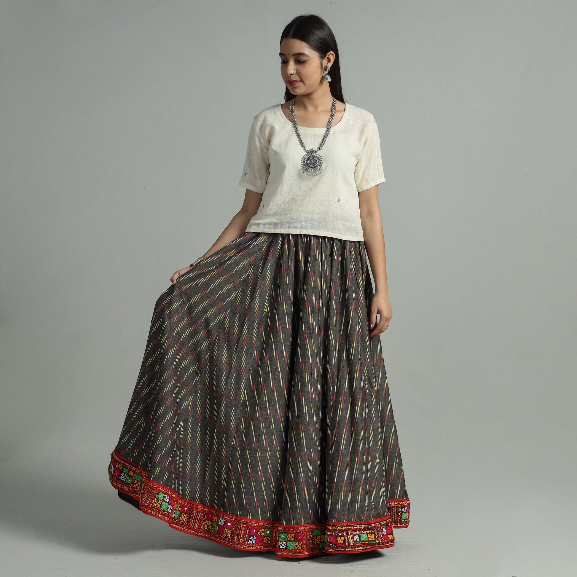 Brown - 24 Kali Cotton Pochampally Ikat Skirt 38