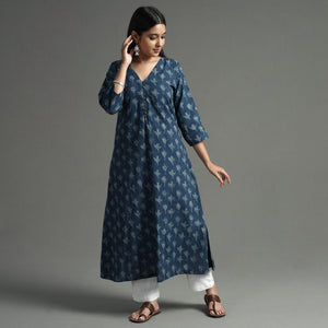 Blue - Akola Block Printed Cotton A-Line Long Kurta