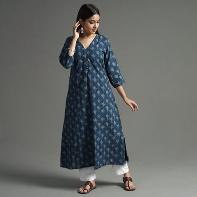Blue - Akola Block Printed Cotton A-Line Long Kurta