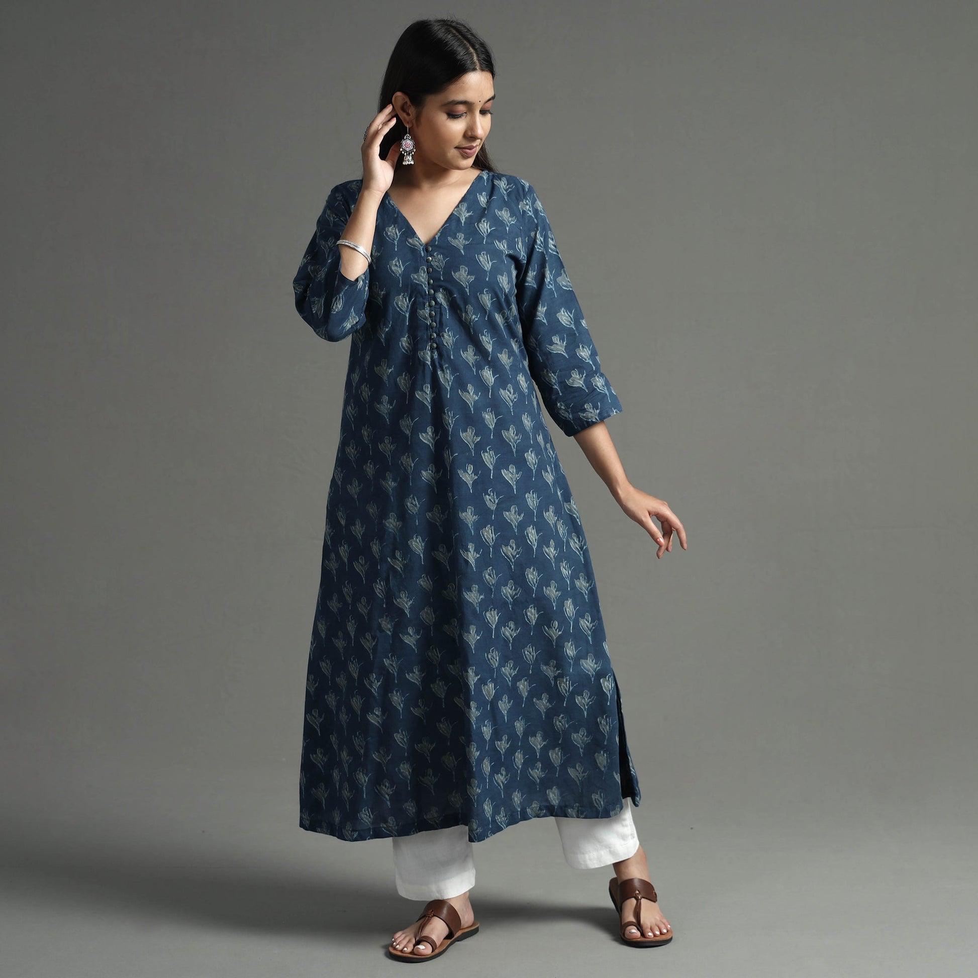 Blue - Akola Block Printed Cotton A-Line Long Kurta