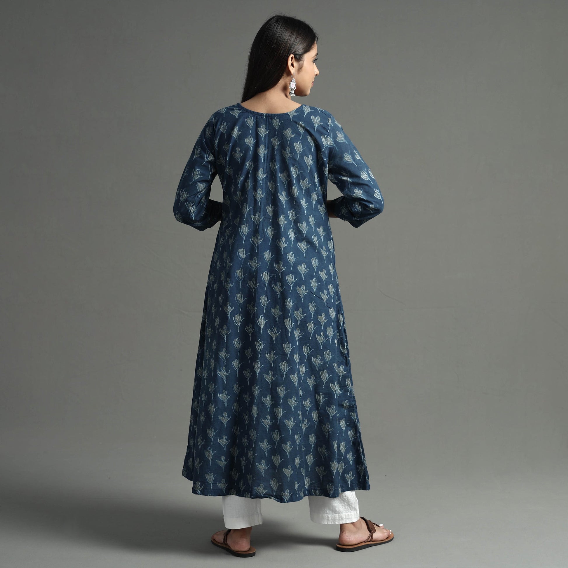 Blue - Akola Block Printed Cotton A-Line Long Kurta