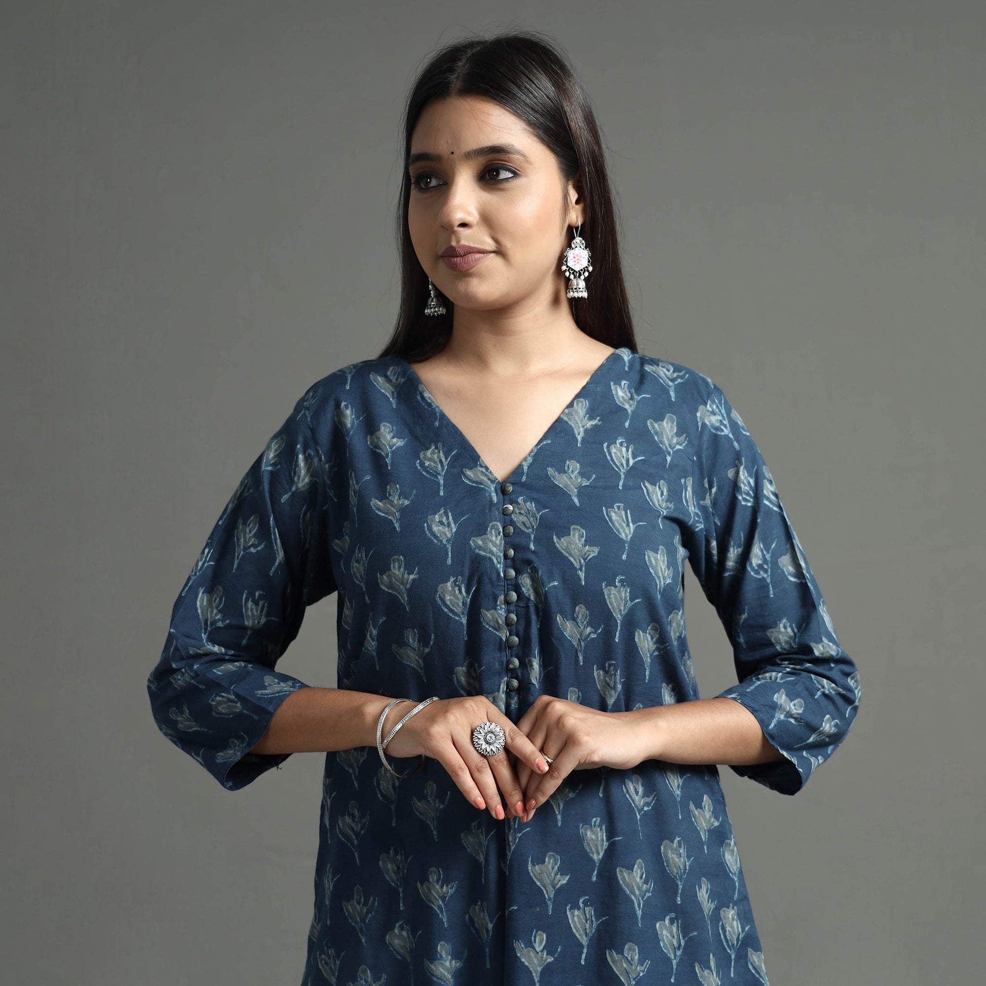 Blue - Akola Block Printed Cotton A-Line Long Kurta