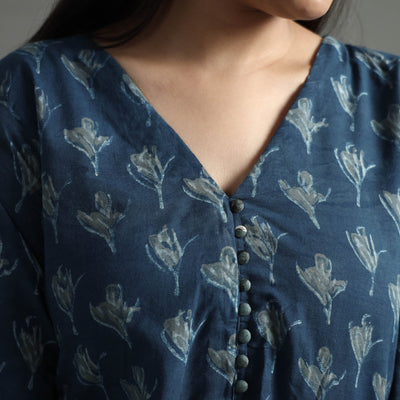 Blue - Akola Block Printed Cotton A-Line Long Kurta