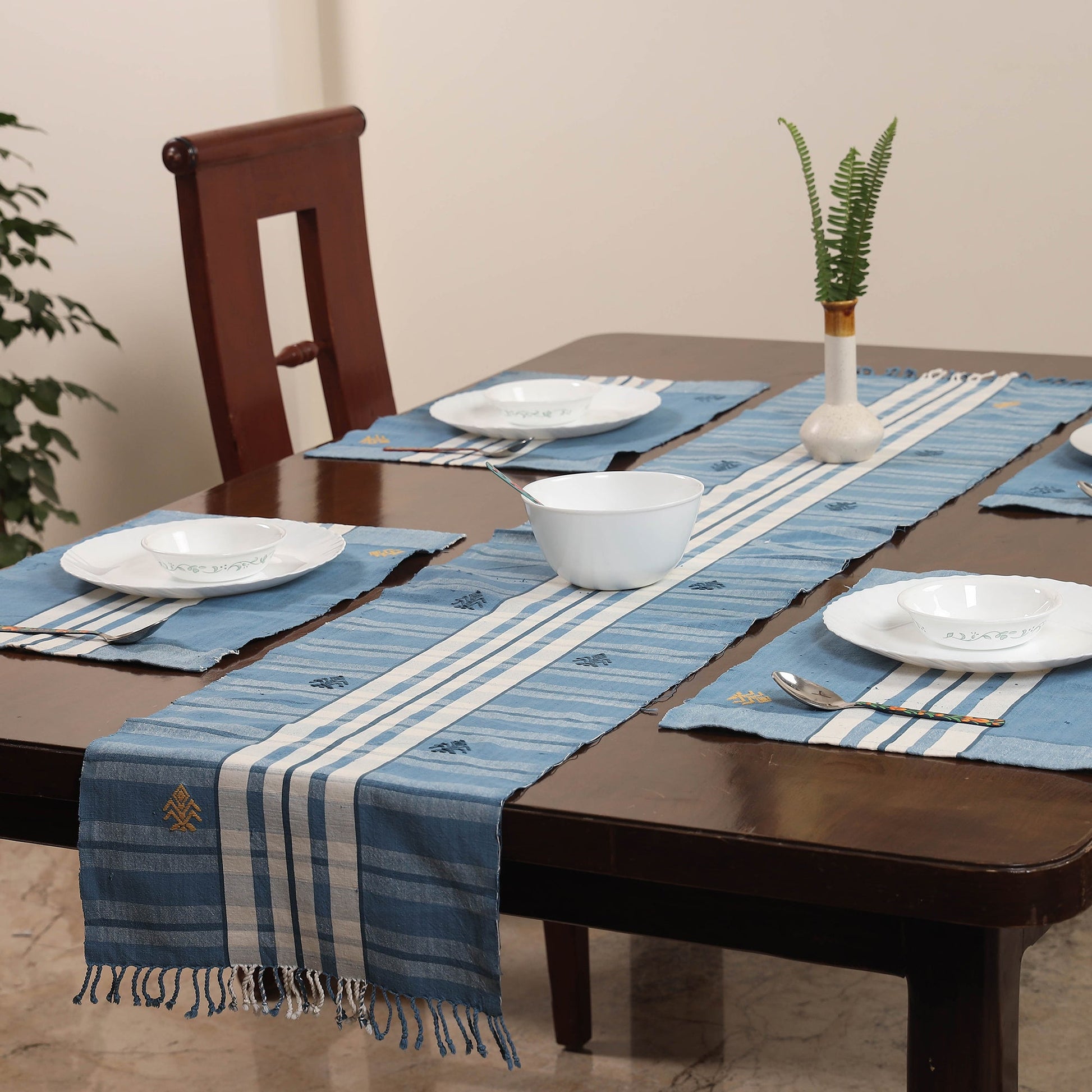 Blue - Assam Weave Dining Table Runner & Set of 4 Placemats in Handloom Cotton
