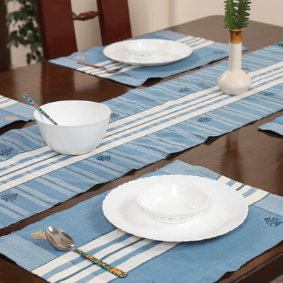 Blue - Assam Weave Dining Table Runner & Set of 4 Placemats in Handloom Cotton