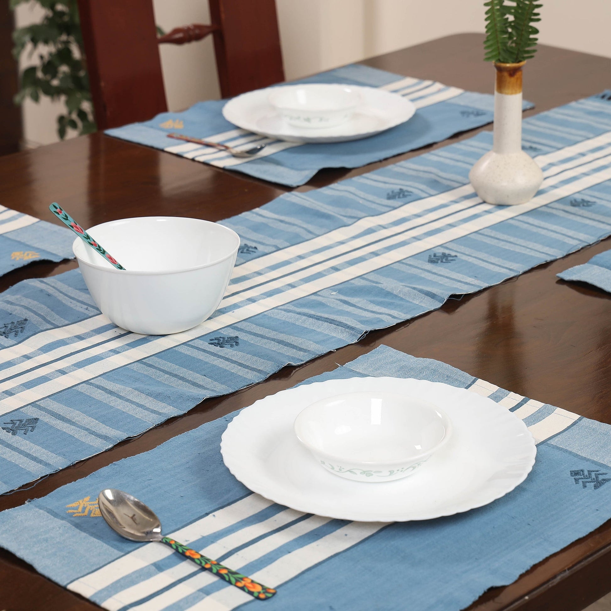 Blue - Assam Weave Dining Table Runner & Set of 4 Placemats in Handloom Cotton
