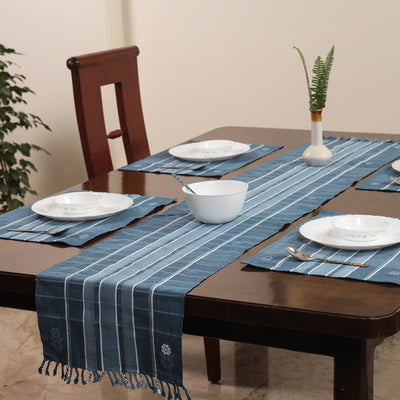 Blue - Assam Weave Dining Table Runner & Set of 4 Placemats in Handloom Cotton