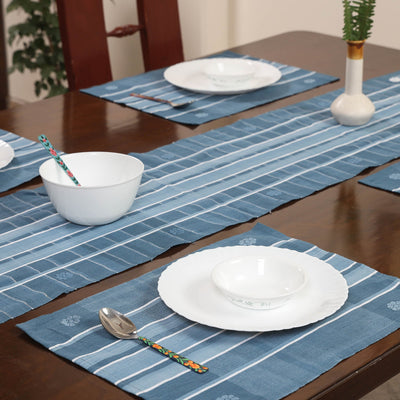 Blue - Assam Weave Dining Table Runner & Set of 4 Placemats in Handloom Cotton