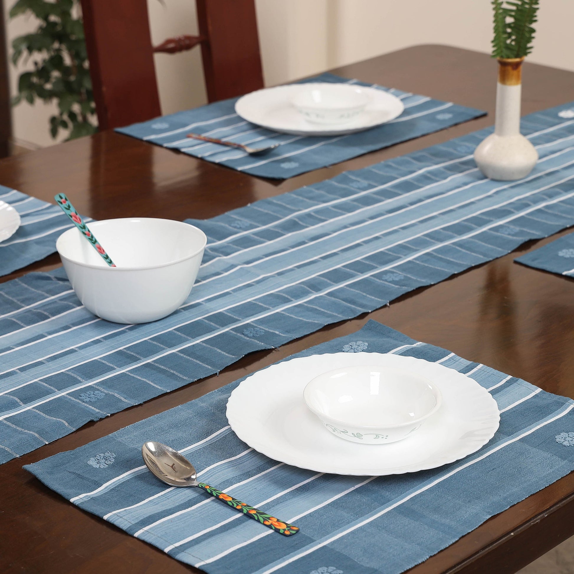Blue - Assam Weave Dining Table Runner & Set of 4 Placemats in Handloom Cotton
