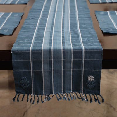 Blue - Assam Weave Dining Table Runner & Set of 4 Placemats in Handloom Cotton